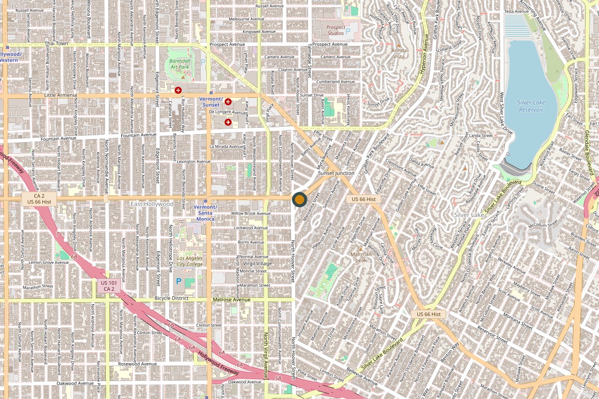 Map showing the office at 1031 Myra Ave, near Sunset Junction in Silver Lake, Los Angeles